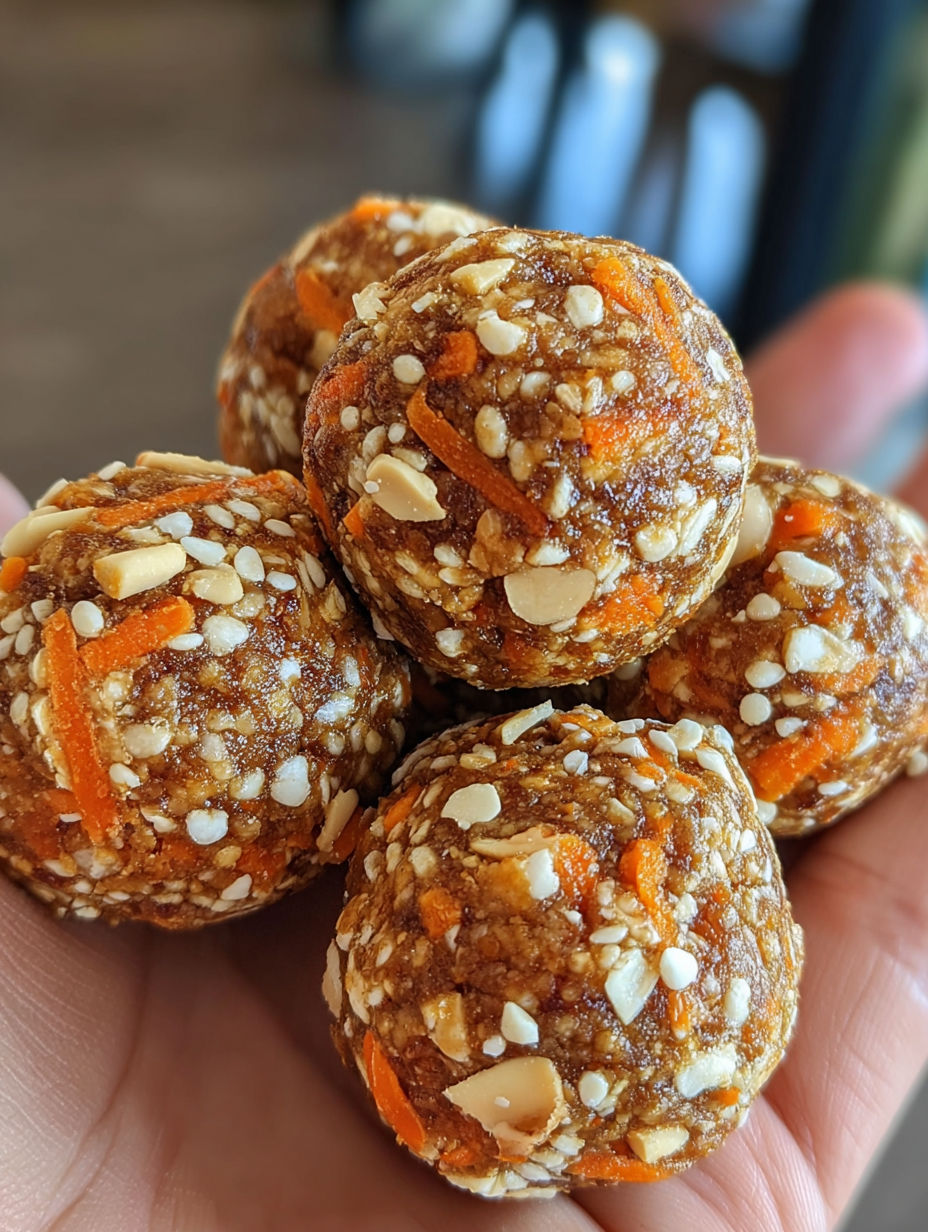 A person is holding a bunch of carrot cake energy bites with peanut butter.