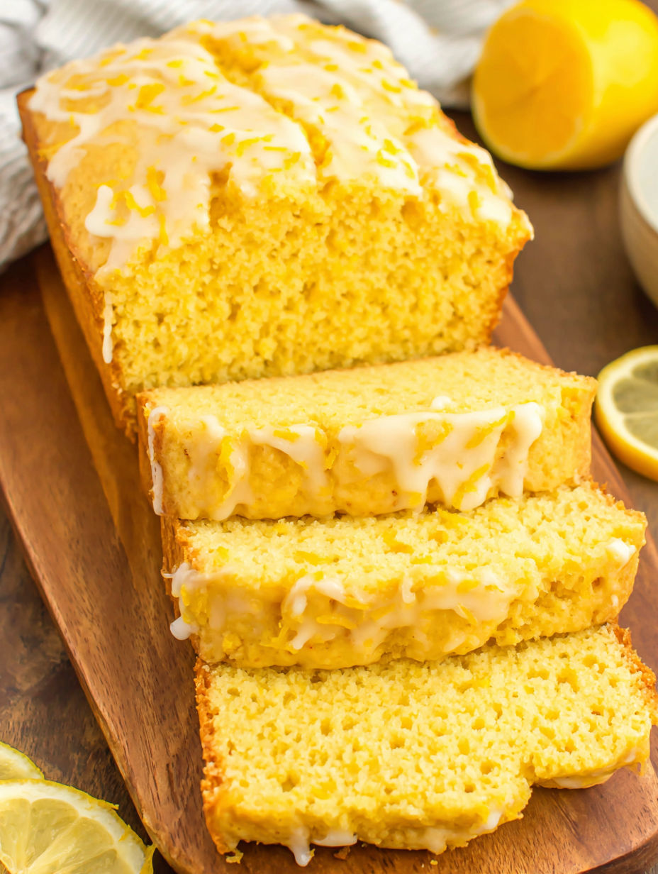 A slice of moist and zesty lemon bread.