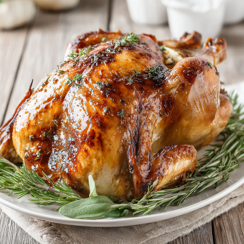 A roasted turkey with herb butter on a wooden table.