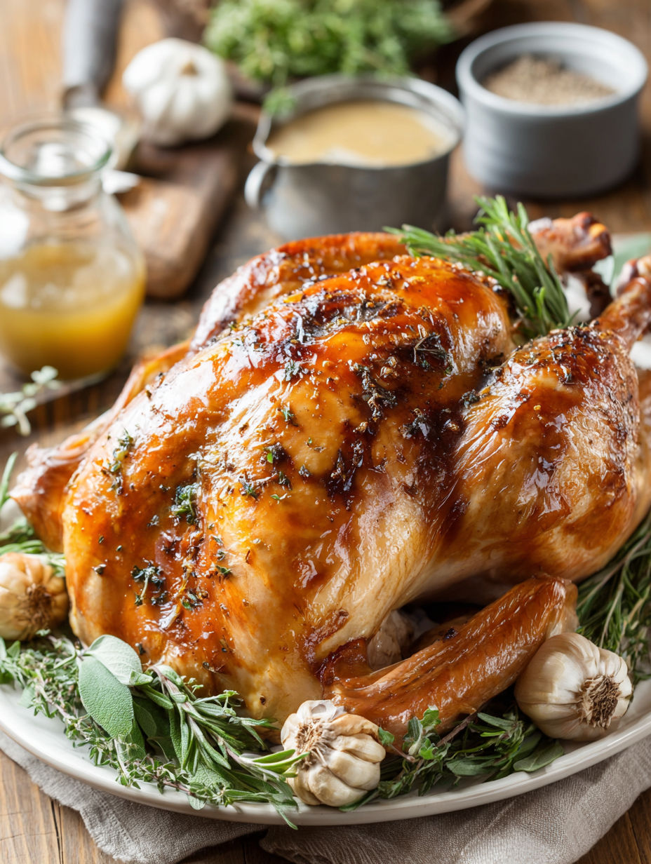 A roasted turkey with herb butter and garnished with garlic and rosemary.