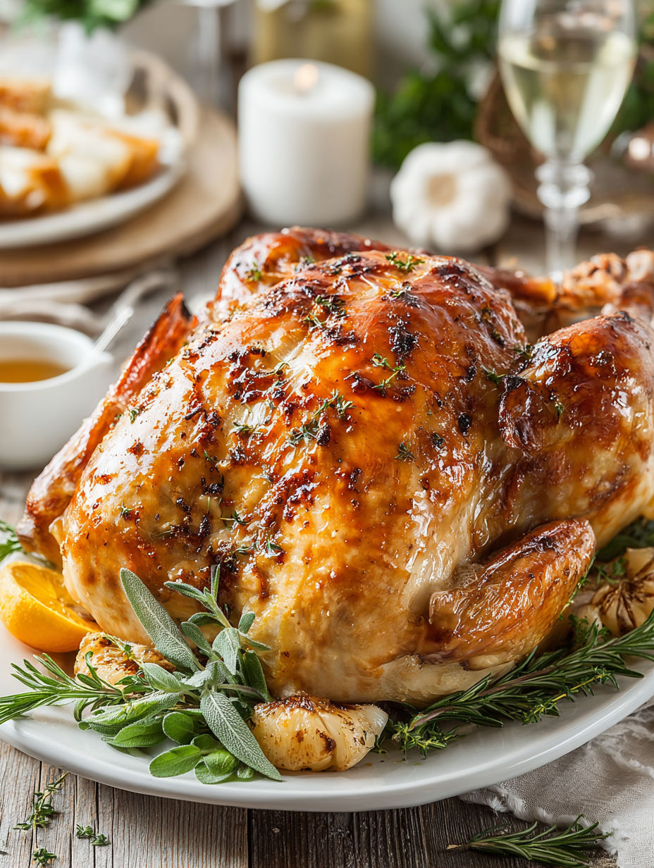 A roasted turkey with herb butter and orange slices.