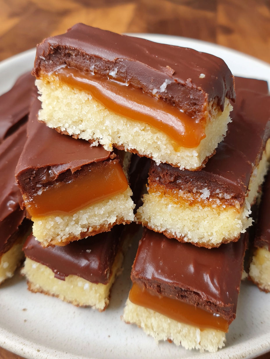 A plate of homemade twix bars.