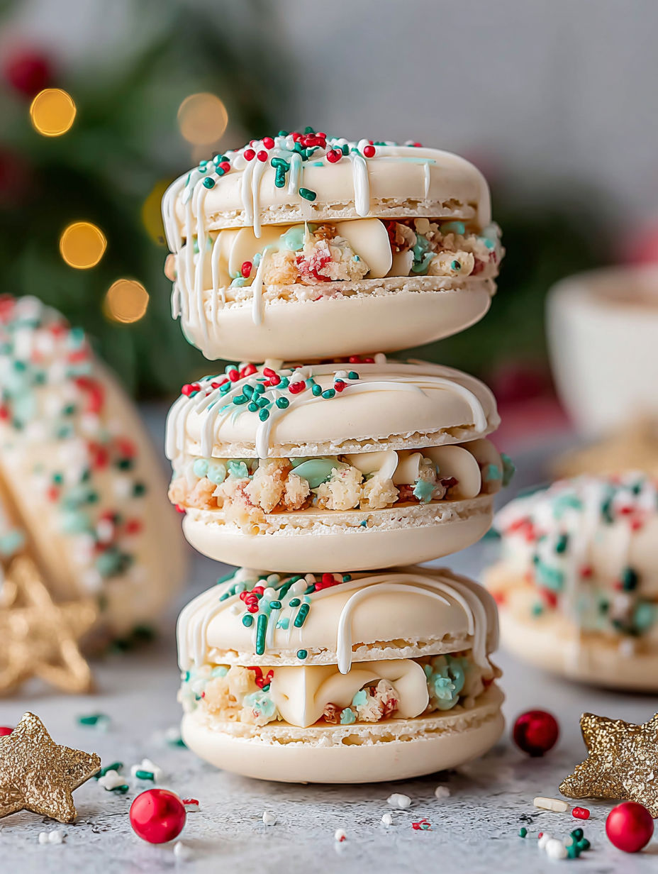 Macarons stacked on top of each other with Christmas tree decorations.