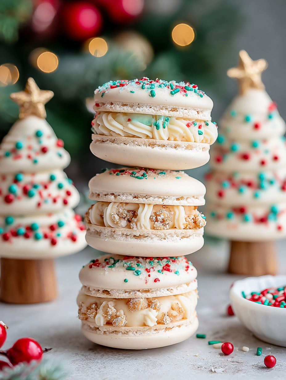 Stack of macarons with Christmas tree decorations.