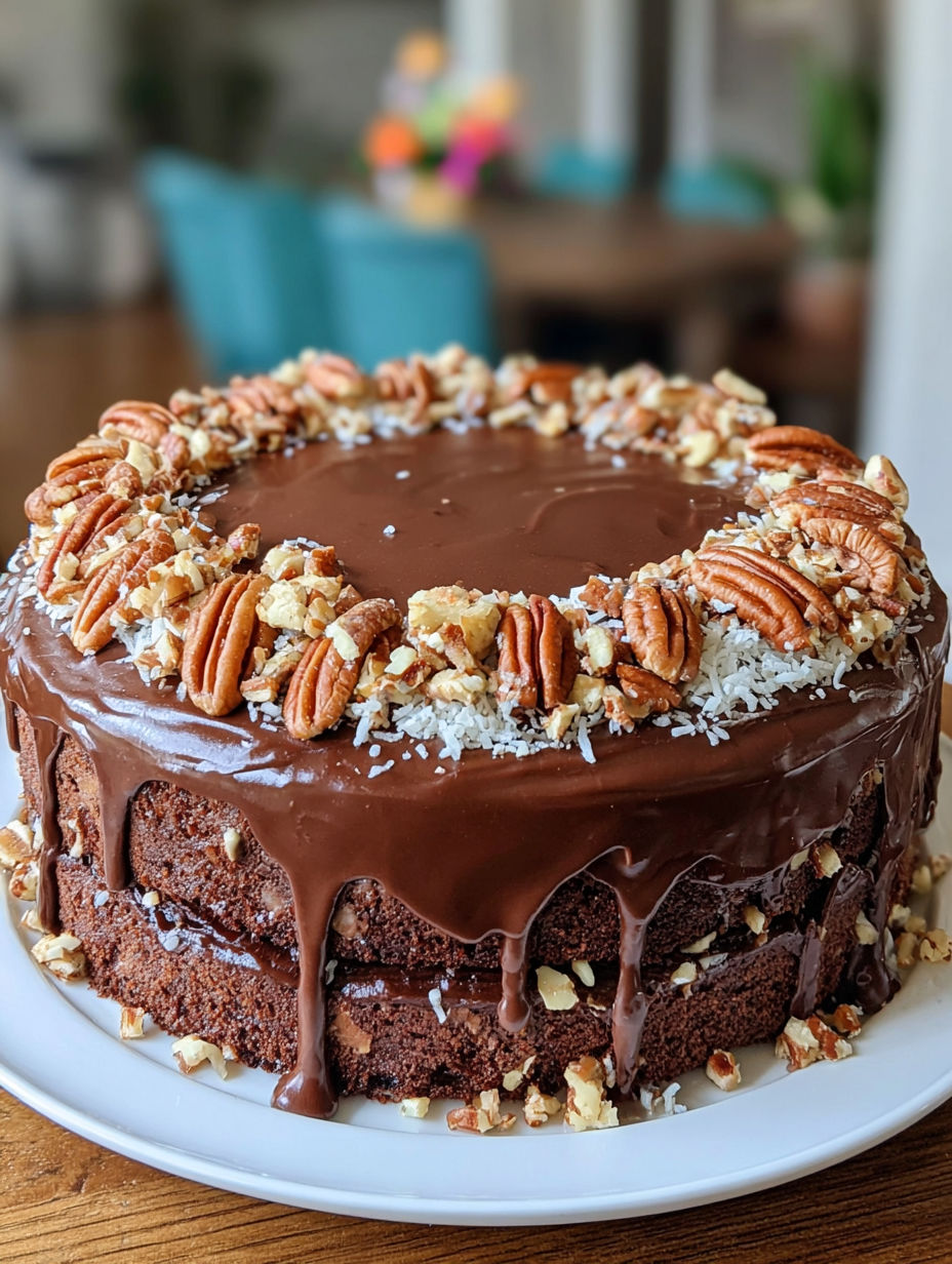 A German Chocolate Cake with walnuts and chocolate drizzle.