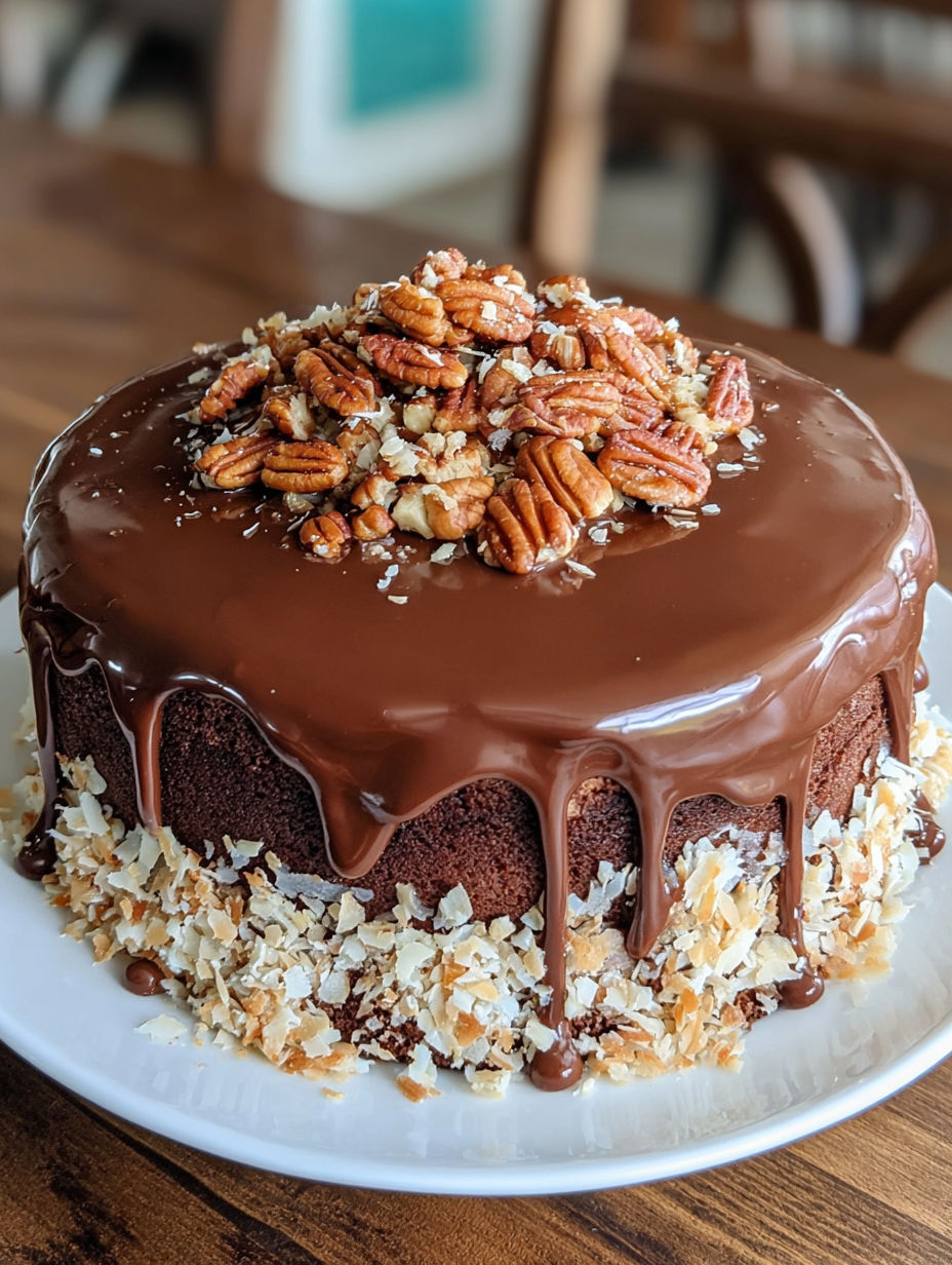 A slice of German chocolate cake with walnuts.