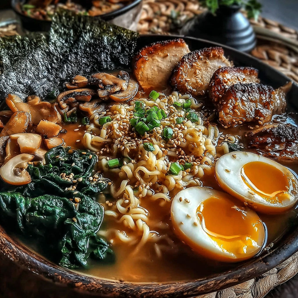 A bowl of ramen with eggs, mushrooms, and noodles.