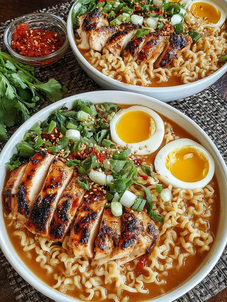 A bowl of noodles with eggs and chicken.