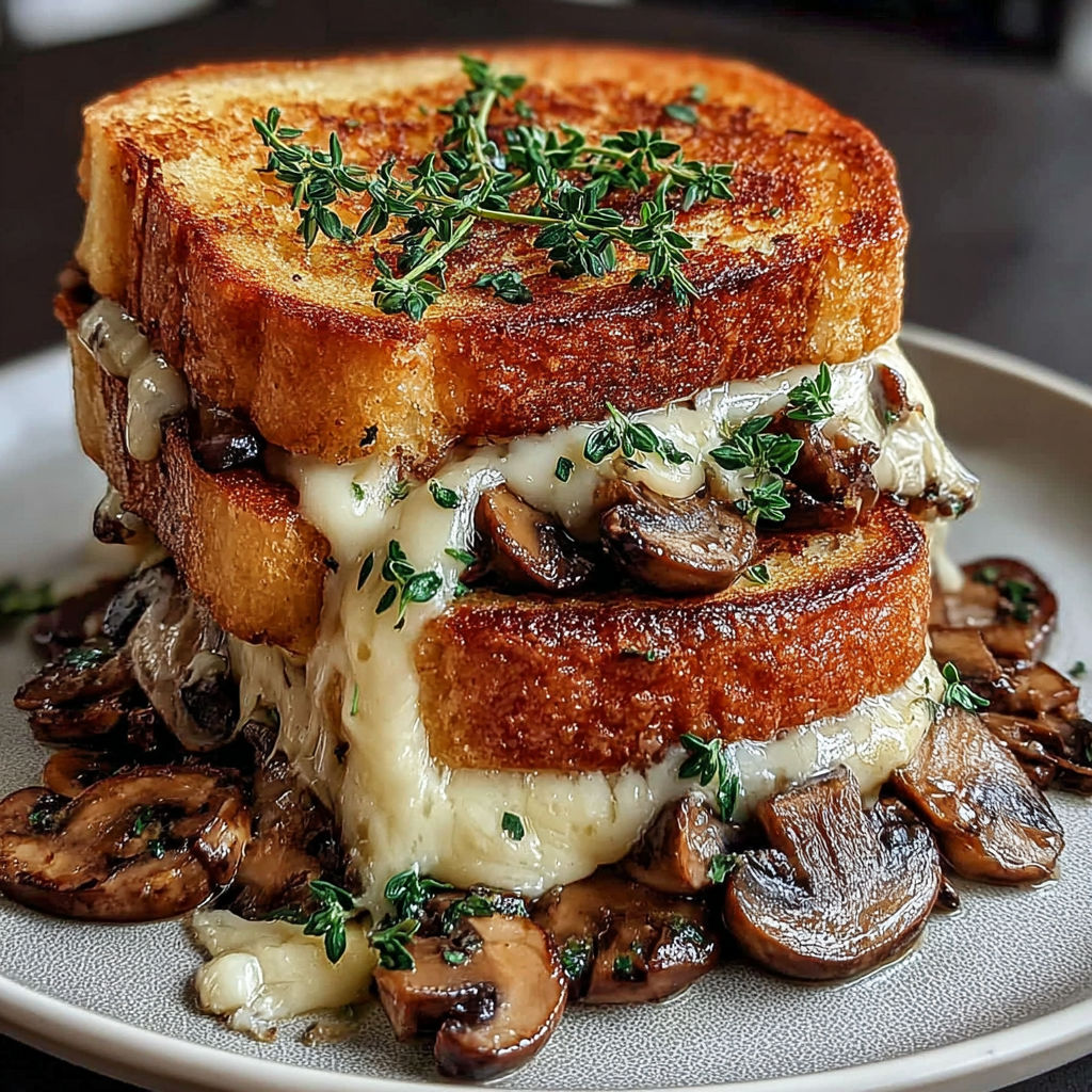 A Swiss mushroom melt sandwich on a plate.