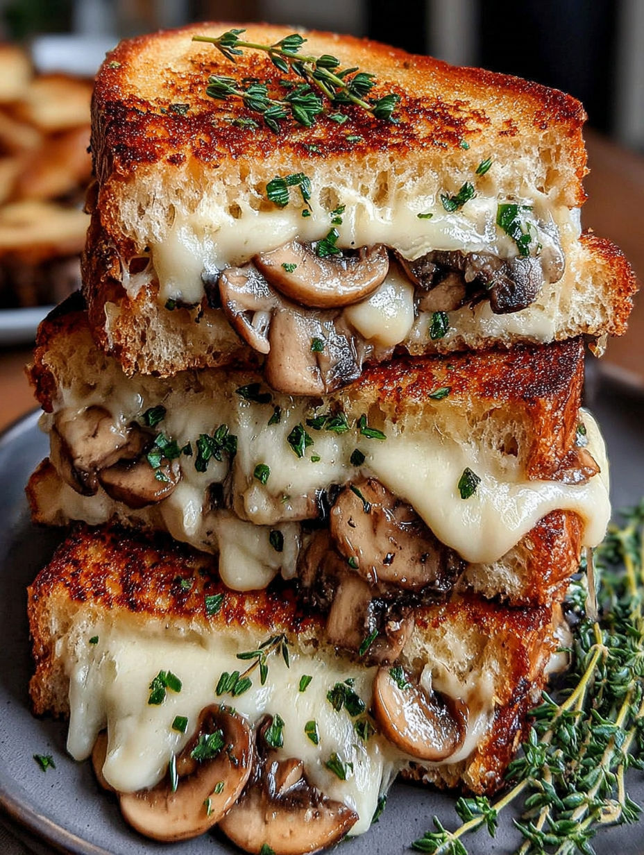 A stack of Swiss Mushroom Melt Sandwiches.