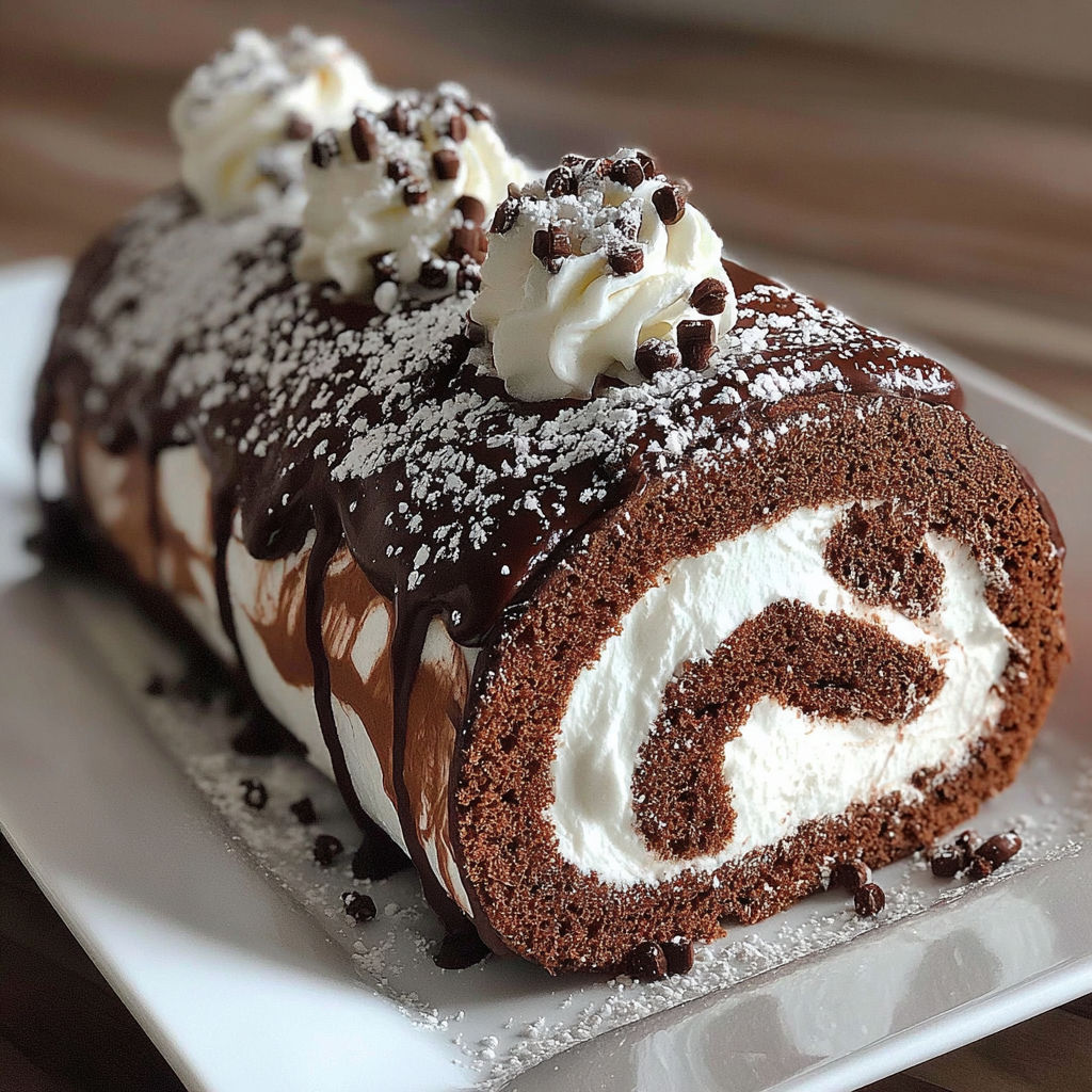 A chocolate cream swiss roll with white frosting.