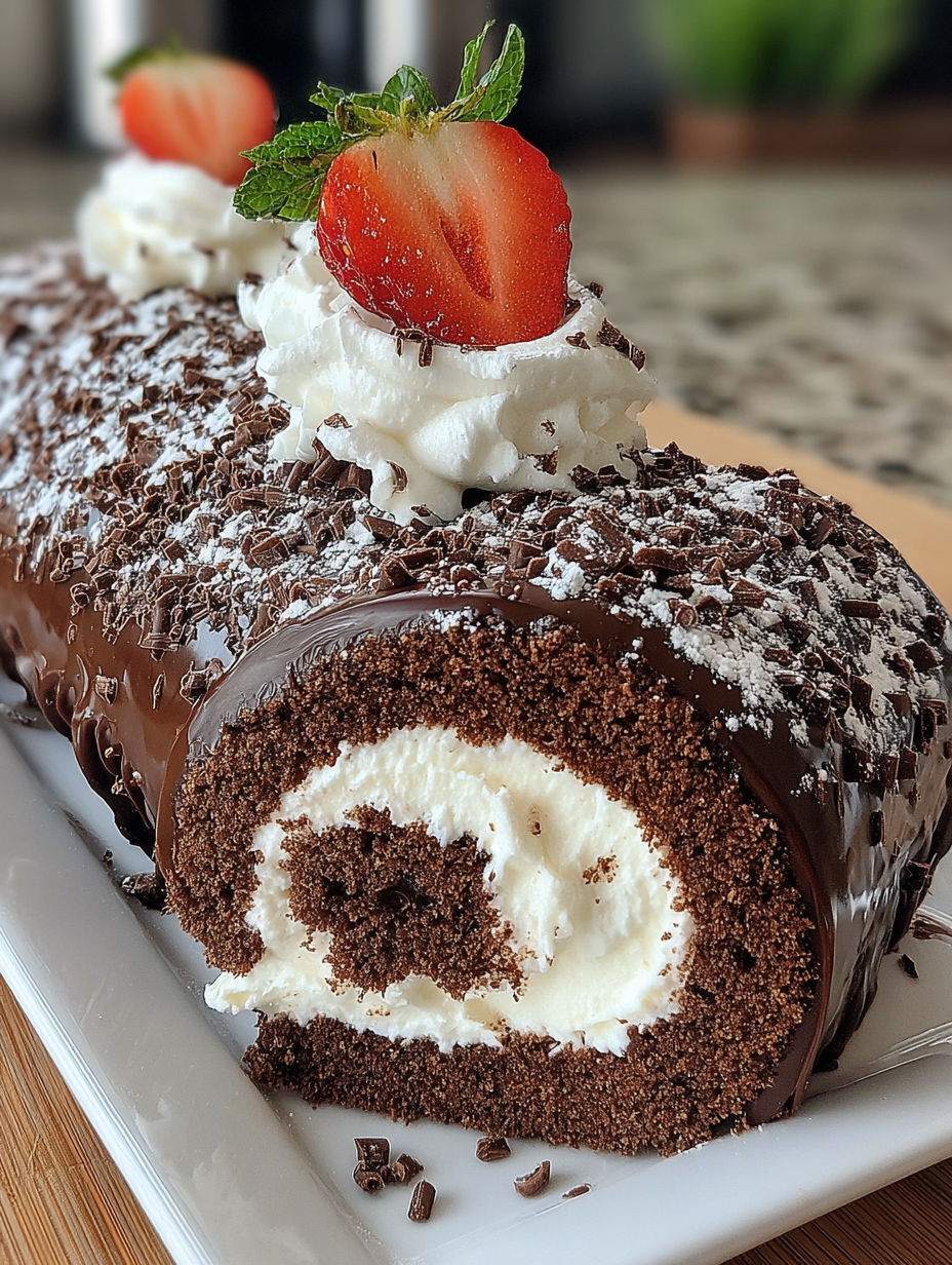 A chocolate cream swiss roll with white icing and strawberries on top.