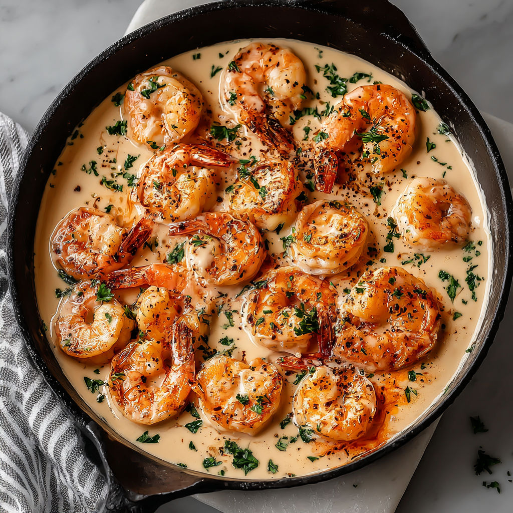 A pan of shrimp in a creamy garlic sauce.