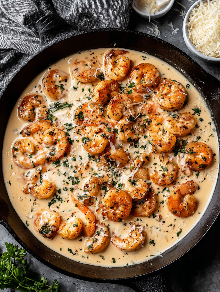A pan of shrimp in a creamy garlic sauce.