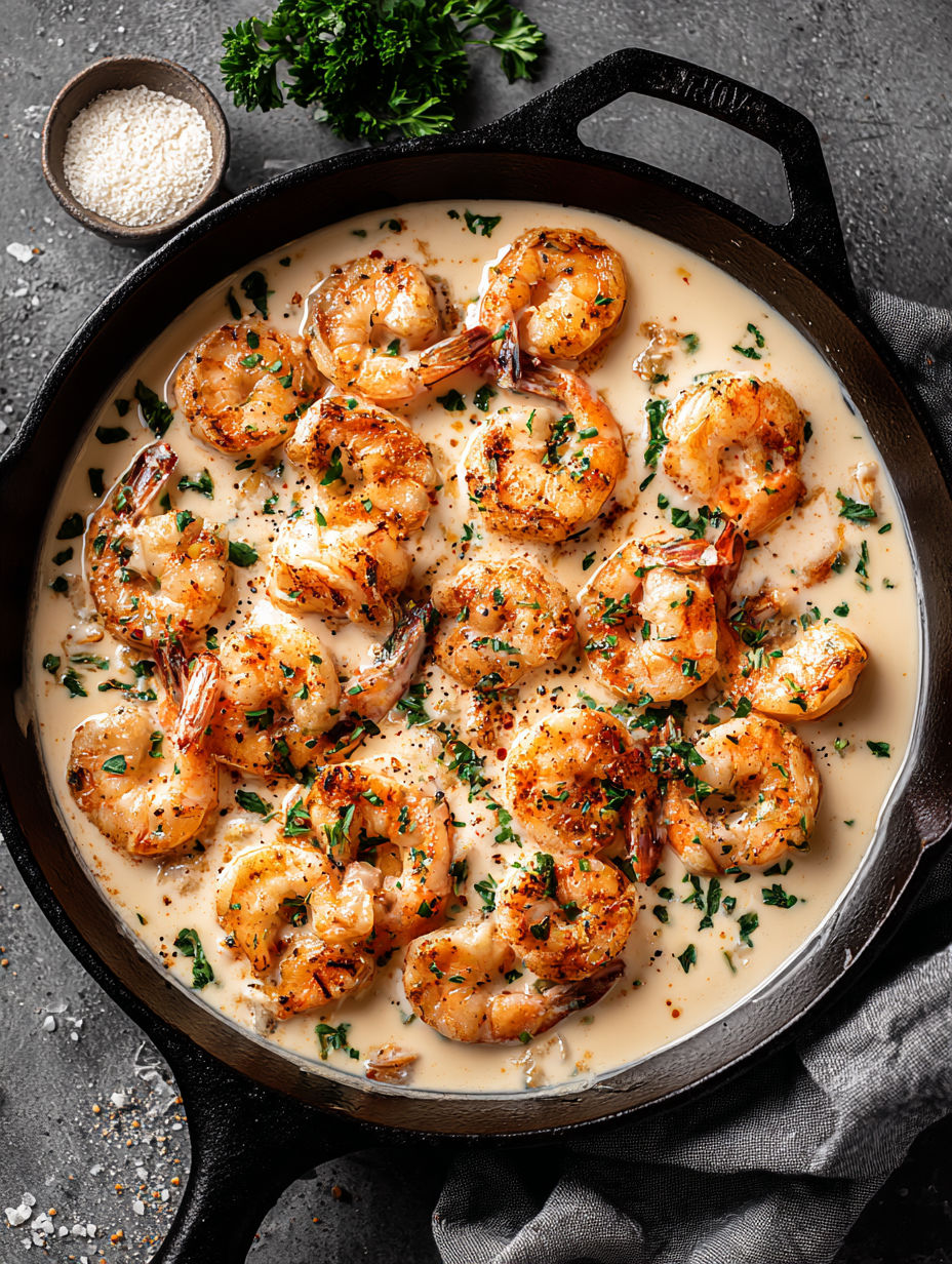 A pan of shrimp with garlic and cream.