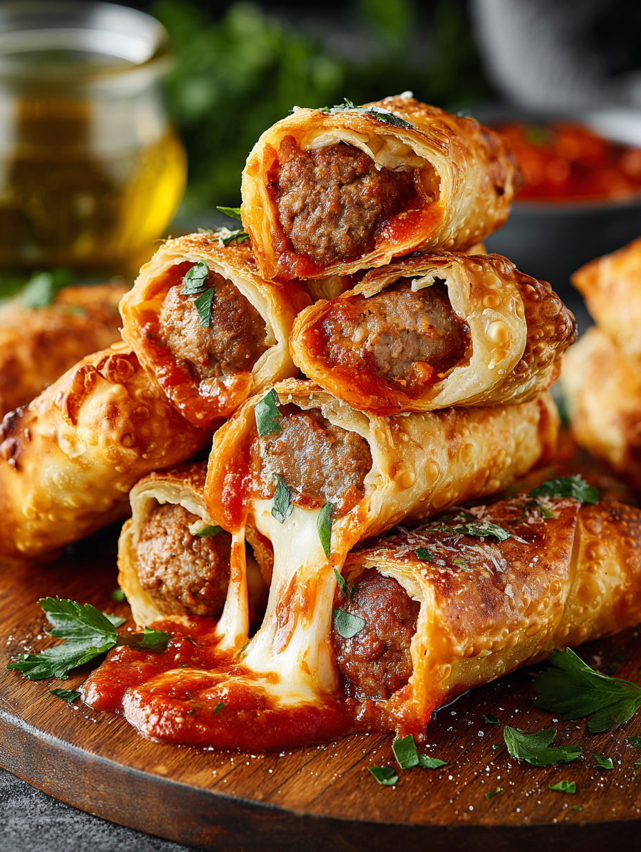 Meatball sub egg rolls on a plate.