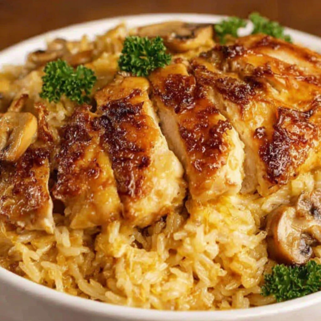 A bowl of chicken and rice casserole.