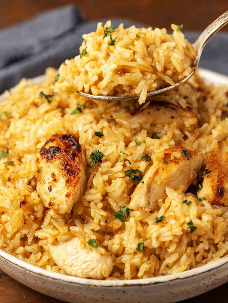 A bowl of rice and chicken.