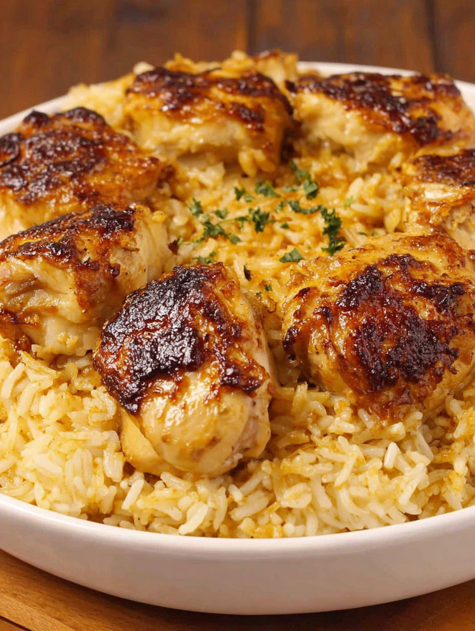 A plate of food with rice and chicken.