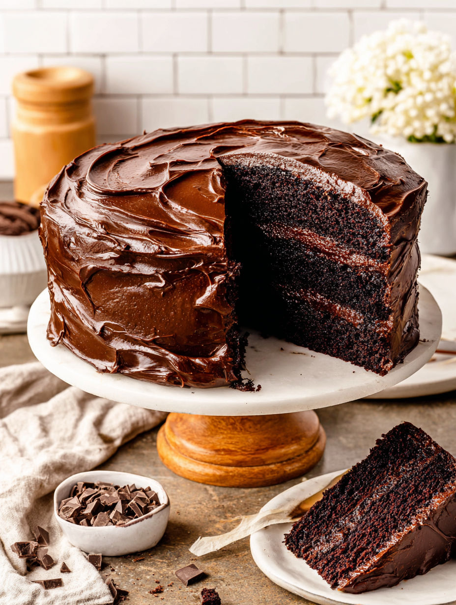 A slice of chocolate cake on a plate.