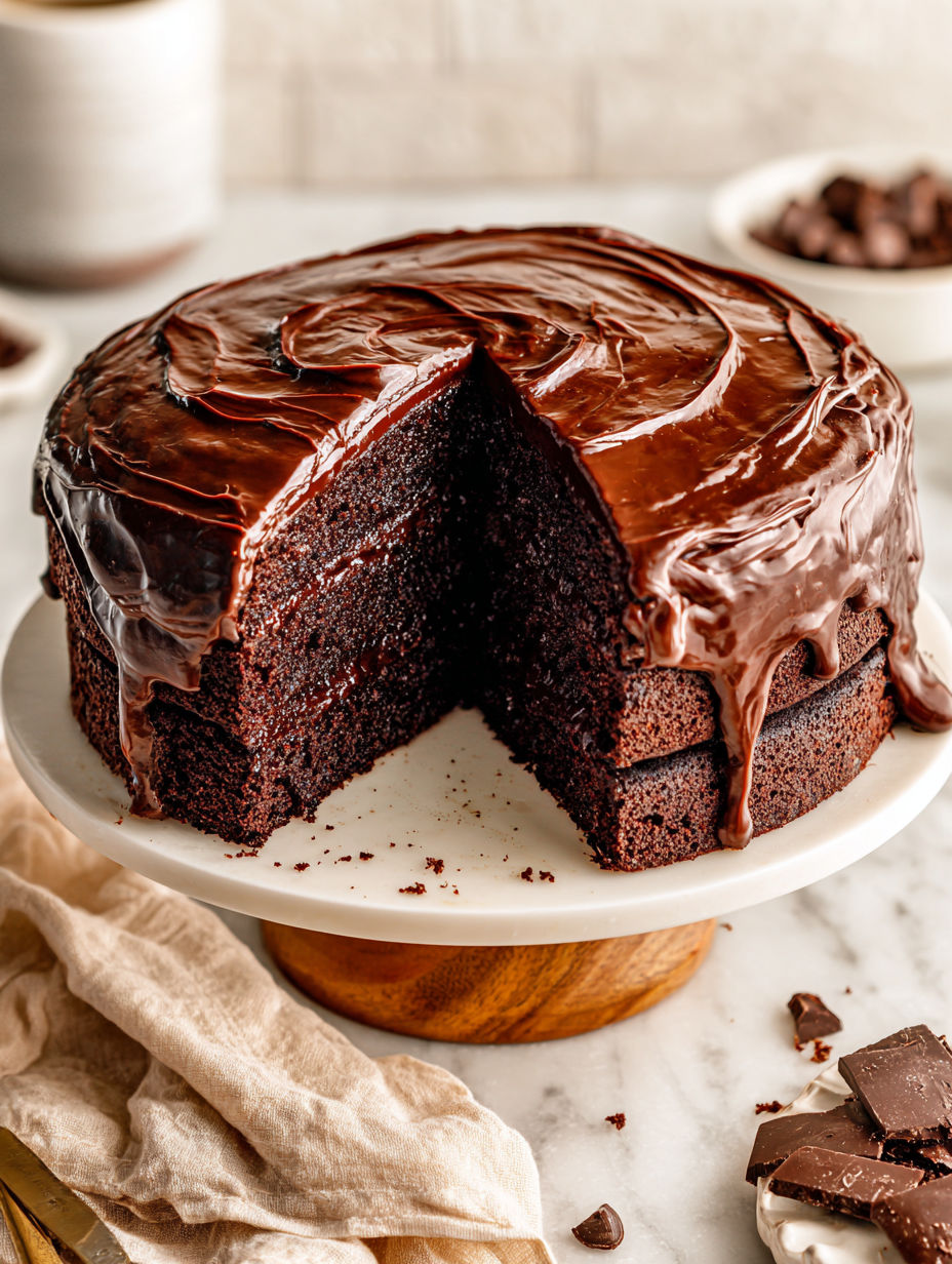 A slice of chocolate cake on a plate.