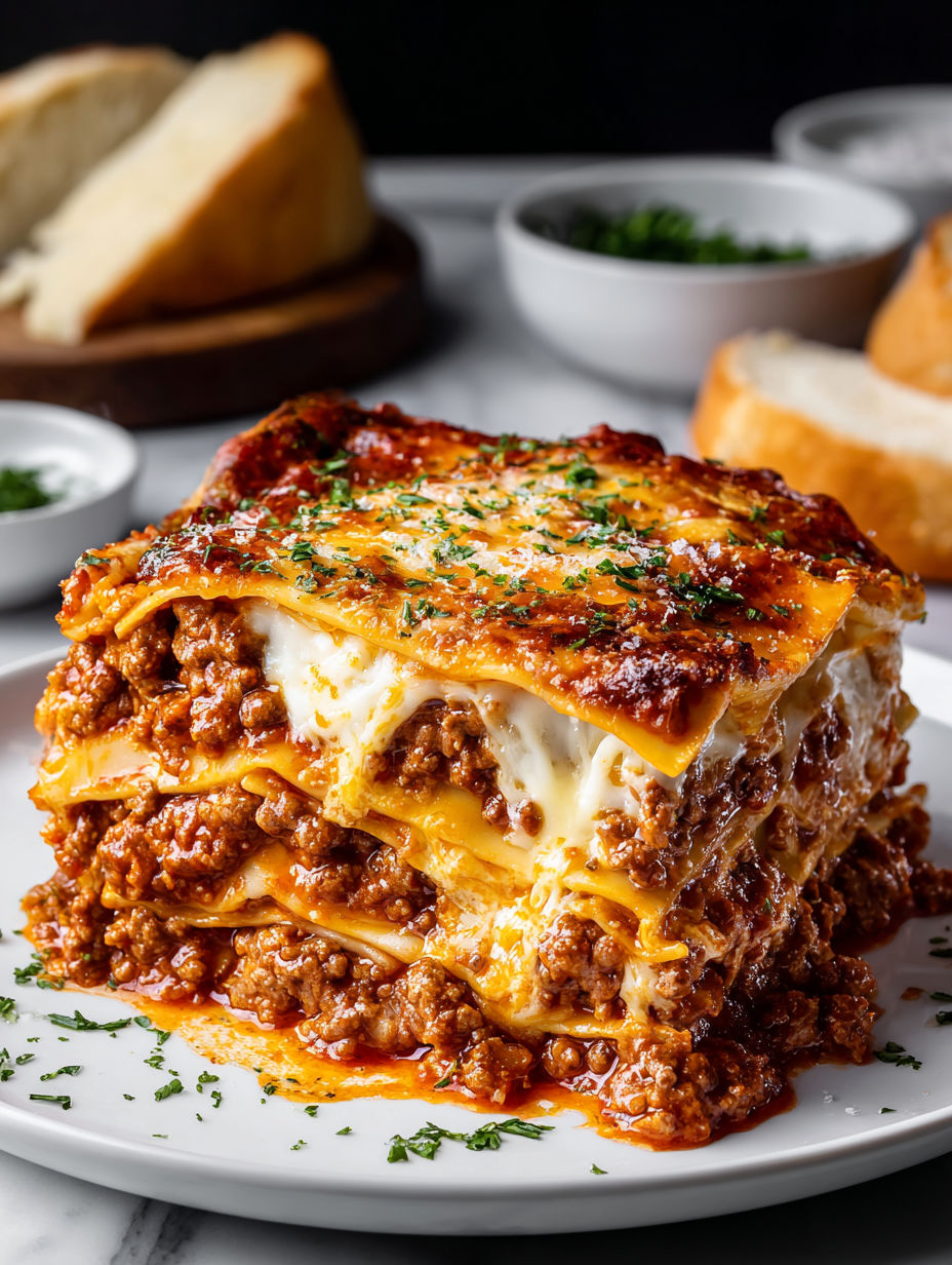 A delicious beef lasagna dish with a generous amount of cheese.
