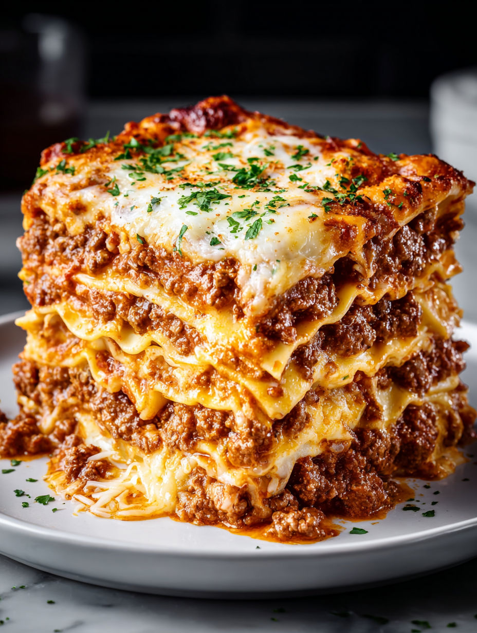 A stack of lasagna on a plate.
