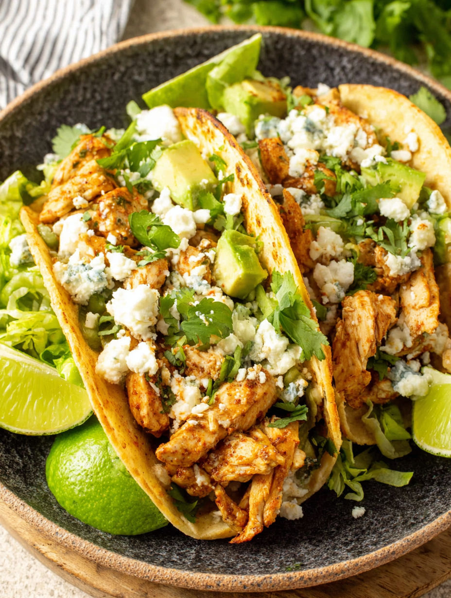 A bowl of chicken tacos with blue cheese and lime.