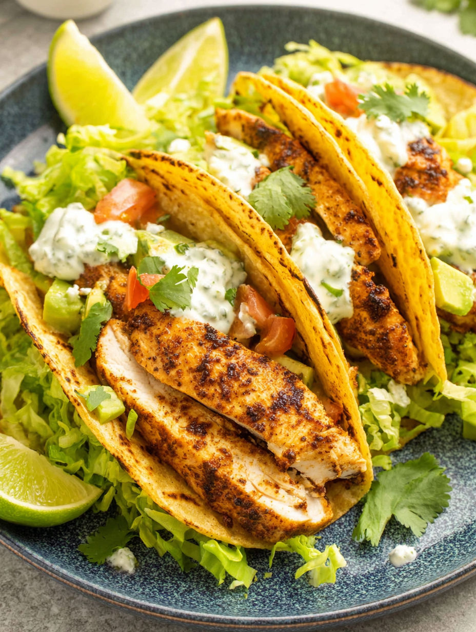 Chicken tacos with lettuce and tomatoes.