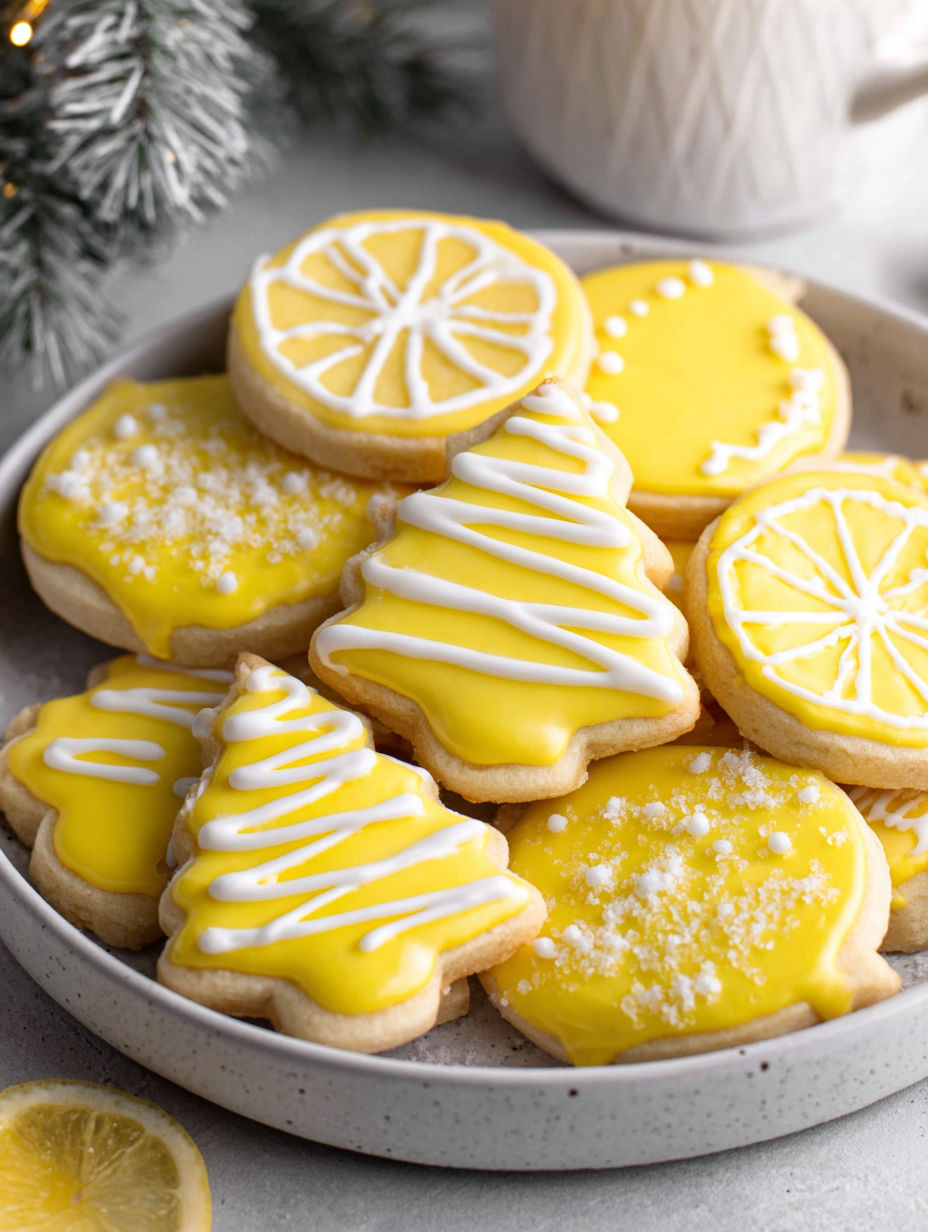 A plate of cookies with lemon and white icing.