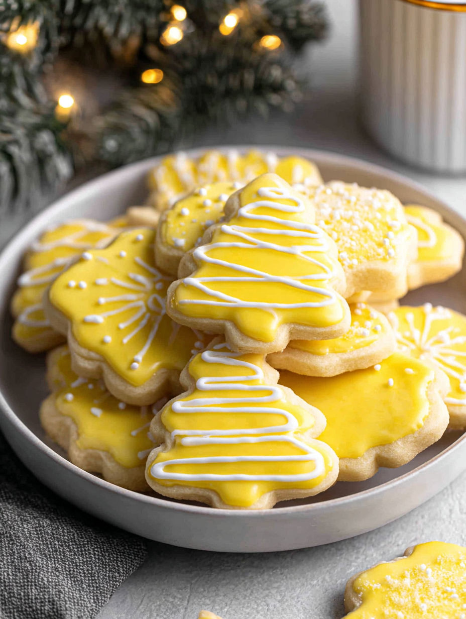 A plate of yellow cookies with white icing and a tree decoration on top.