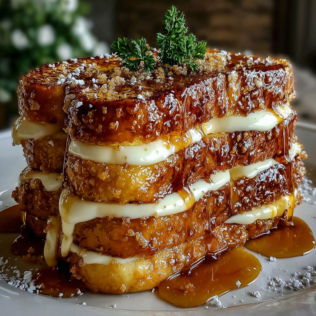 A stack of French toast with powdered sugar and a sprig of parsley on top.