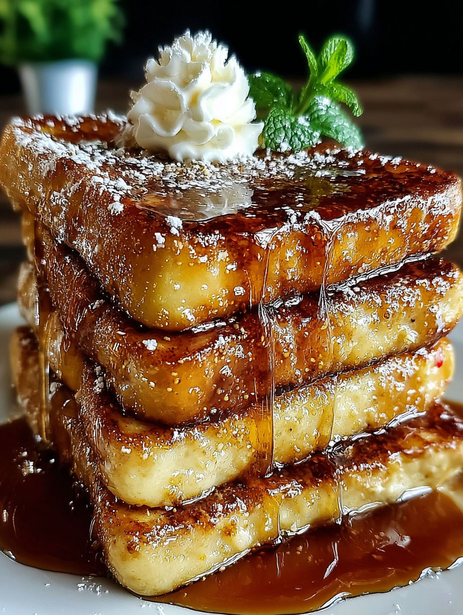 A stack of French toast with powdered sugar and a white whipped cream on top.