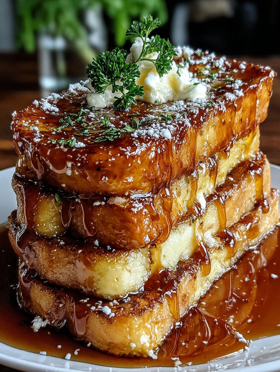 A stack of French toast with powdered sugar and a sprig of parsley on top.