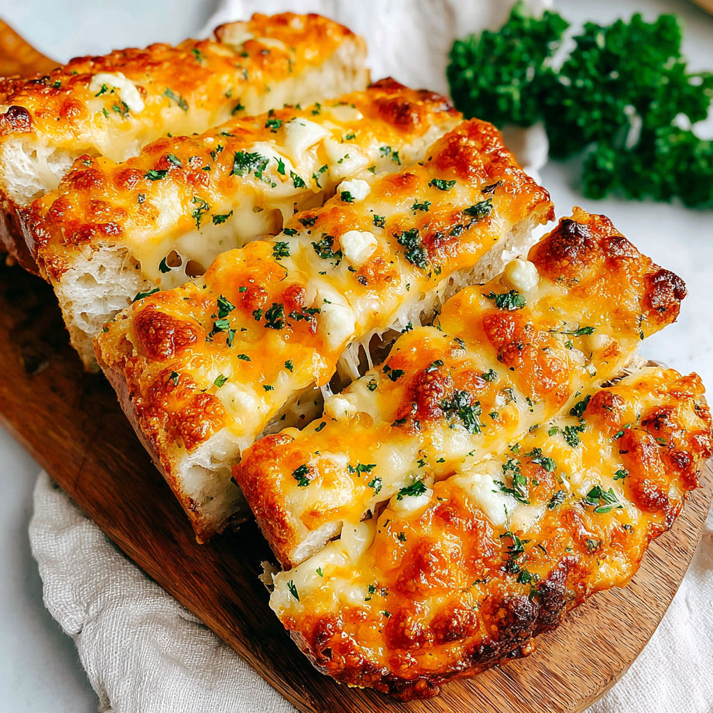 A slice of cheesy bread on a wooden board.