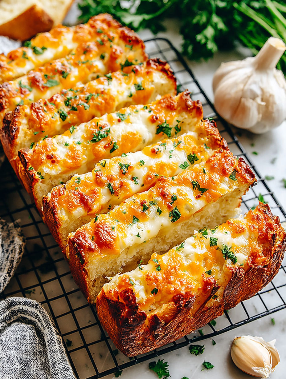 A loaf of cheesy bread on a cooling rack.