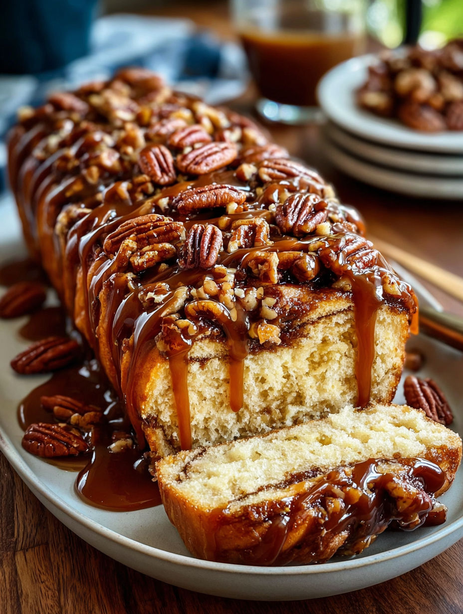 A slice of cake with pecans and caramel sauce.