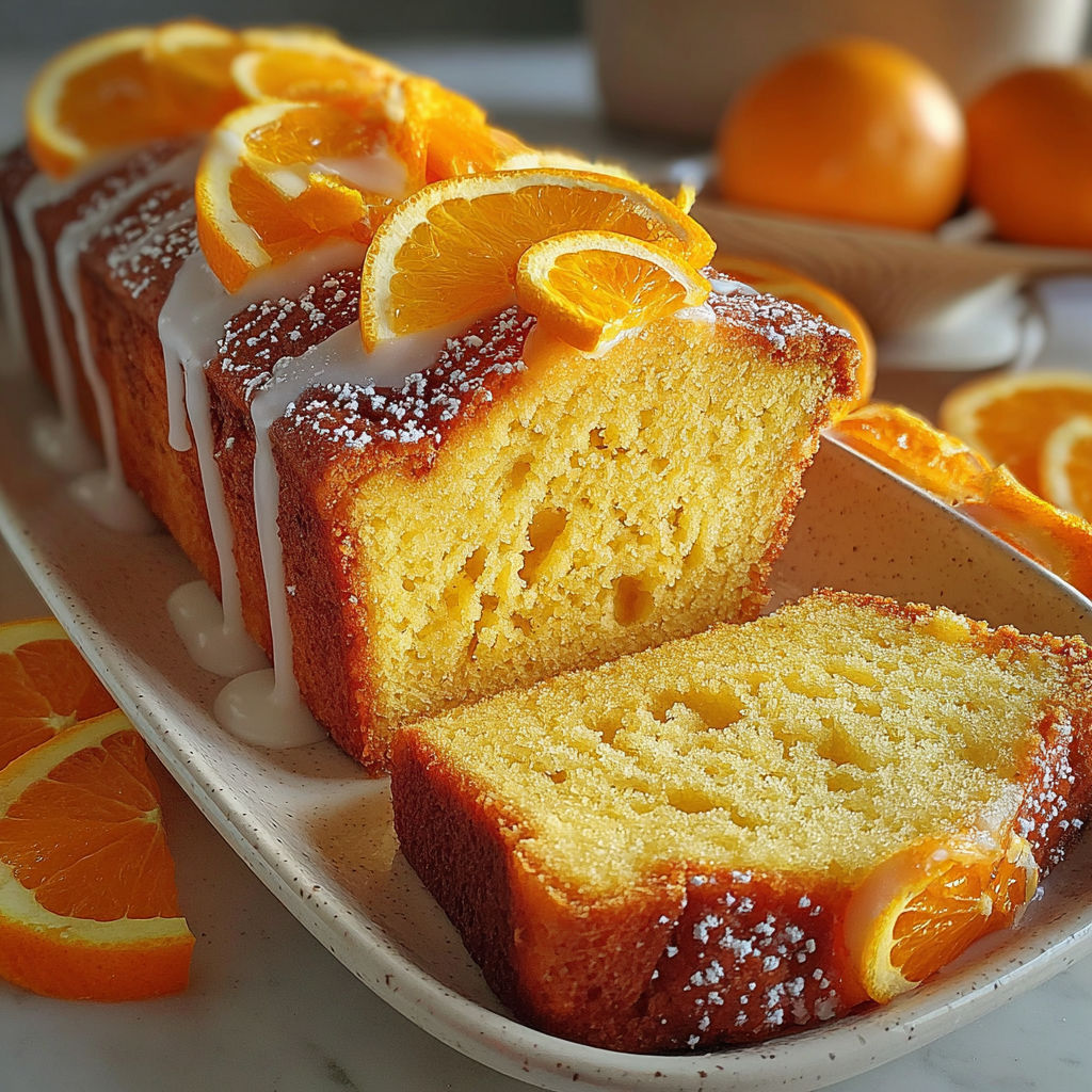 A slice of orange pound cake with orange slices on top.