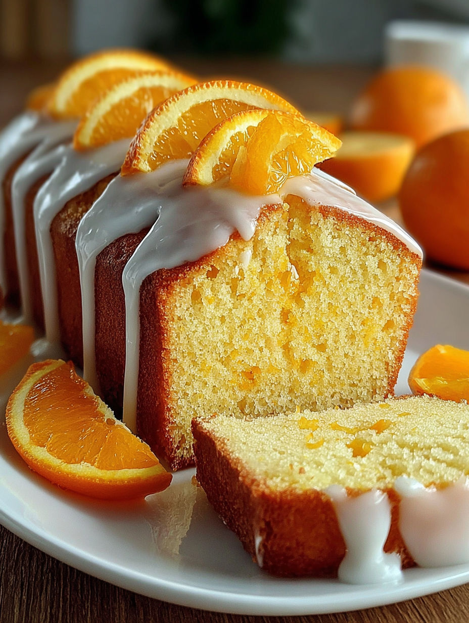A slice of orange pound cake with orange slices on top.