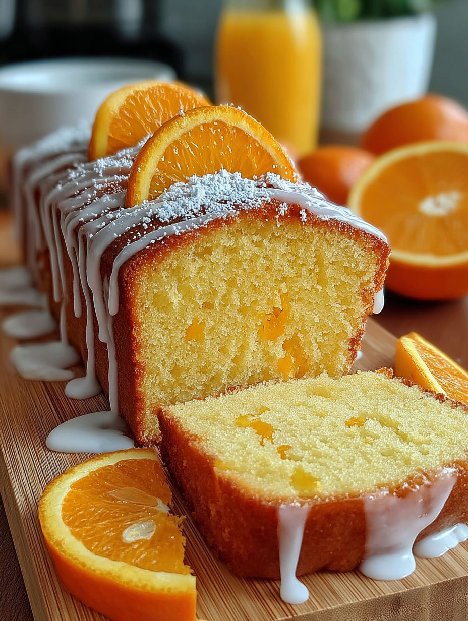 A slice of orange pound cake with powdered sugar on top.
