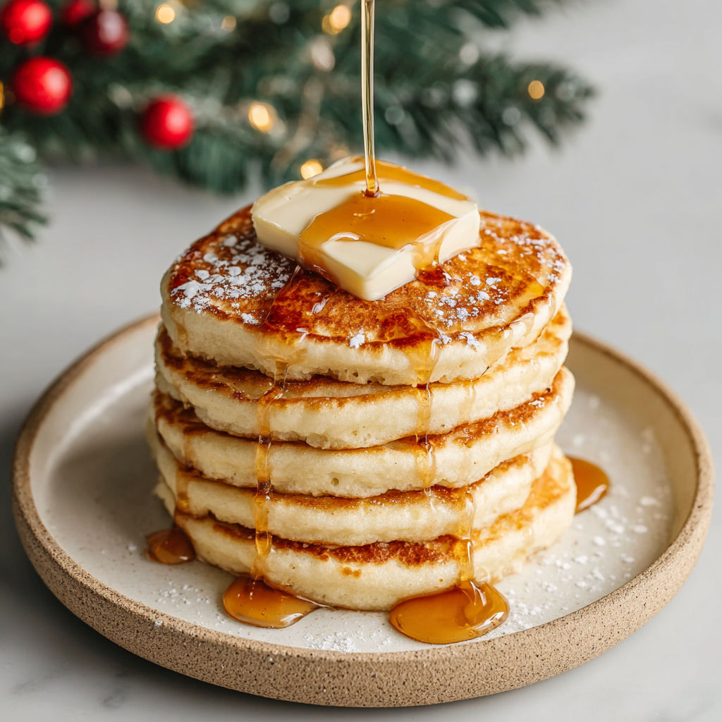 A stack of pancakes with syrup drizzled on top.
