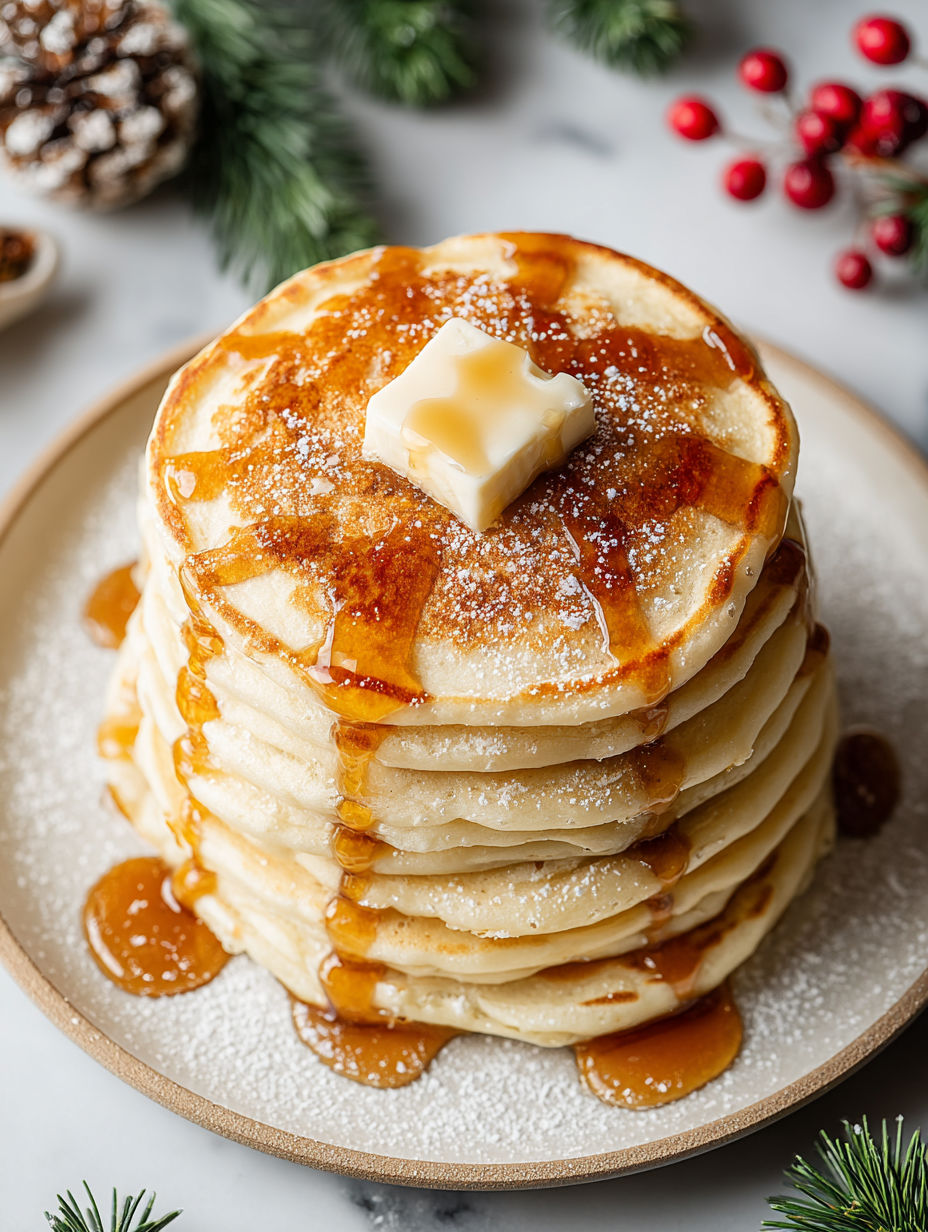 A stack of pancakes with syrup on top.