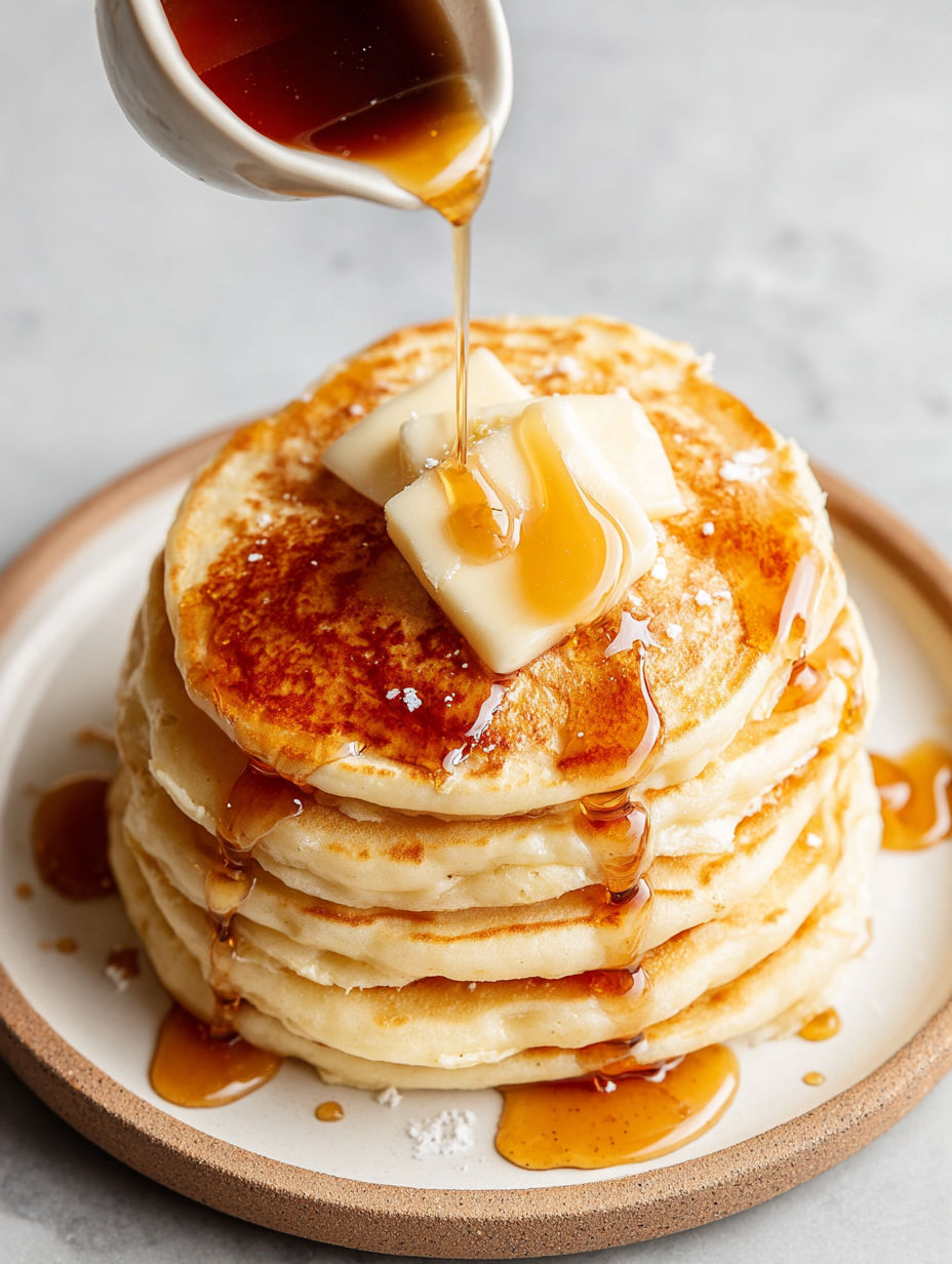 A stack of pancakes with syrup drizzled on top.