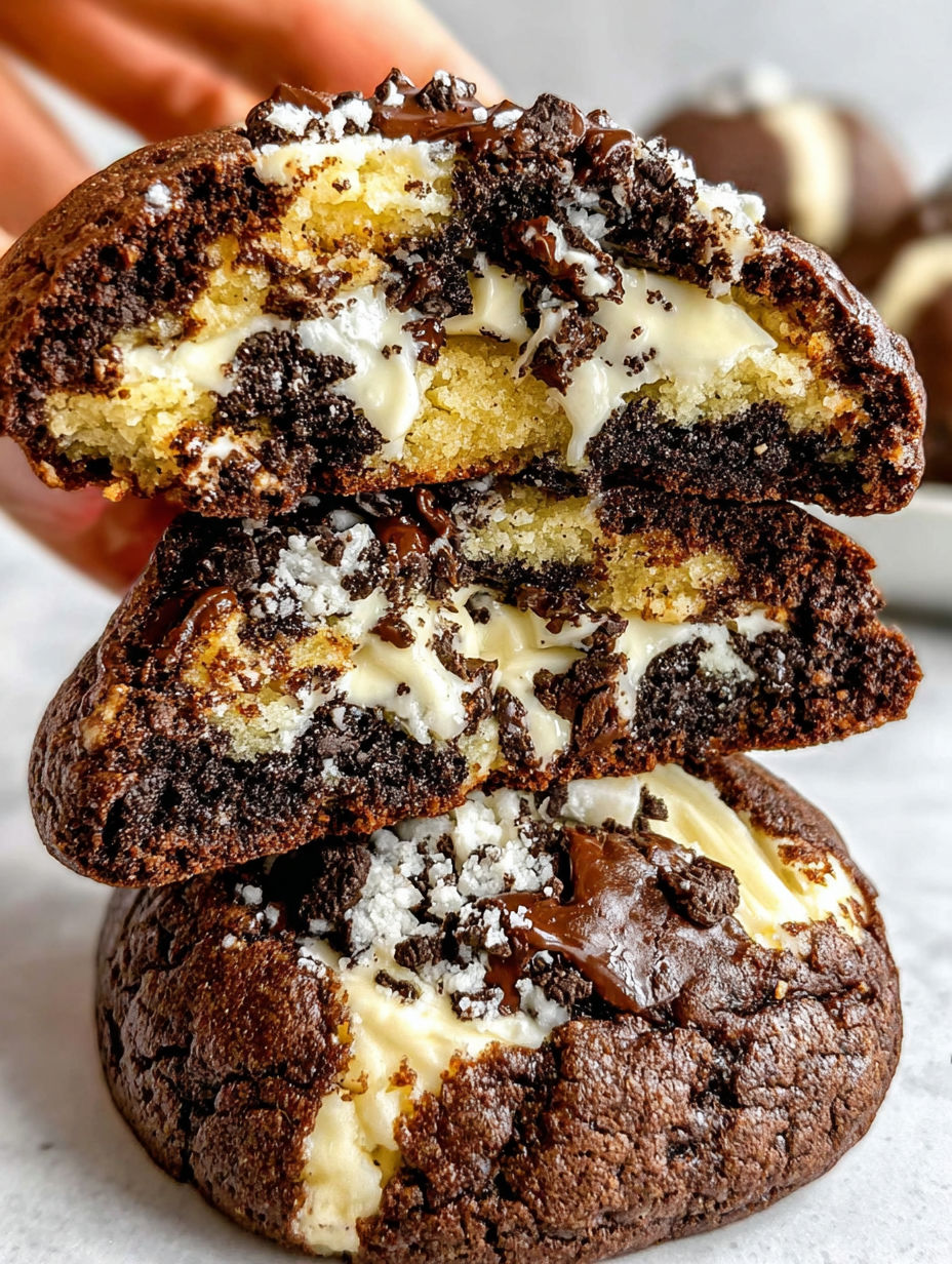 A stack of three chocolate cookies with white frosting.