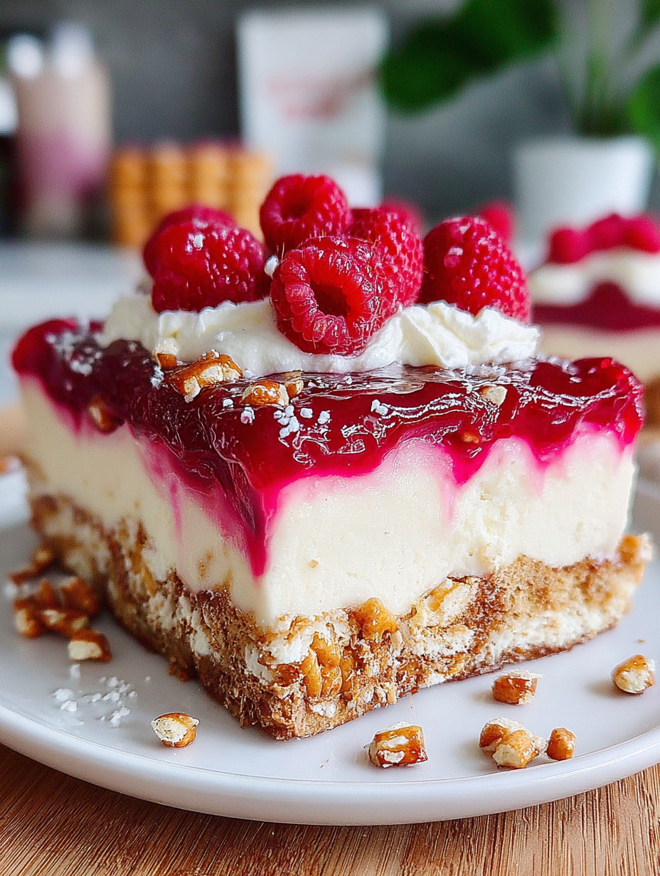 A slice of raspberry cheesecake with white whipped cream and raspberries on top.