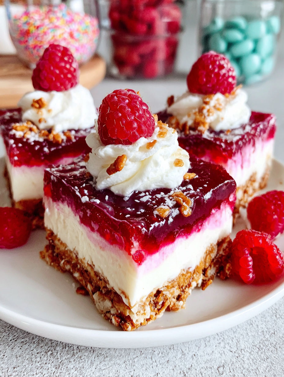 A slice of raspberry cheesecake with white whipped cream.