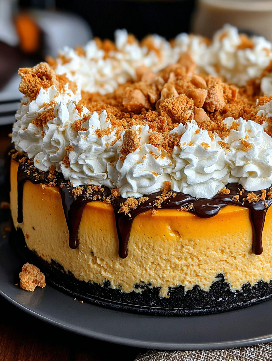 A slice of pumpkin cheesecake with chocolate drizzle.