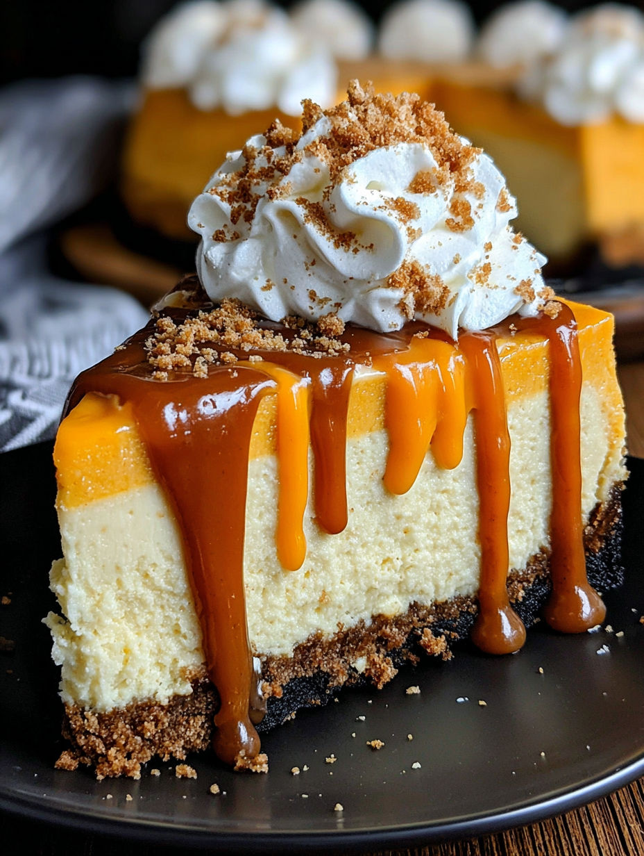A slice of pumpkin cheesecake with caramel drizzle.