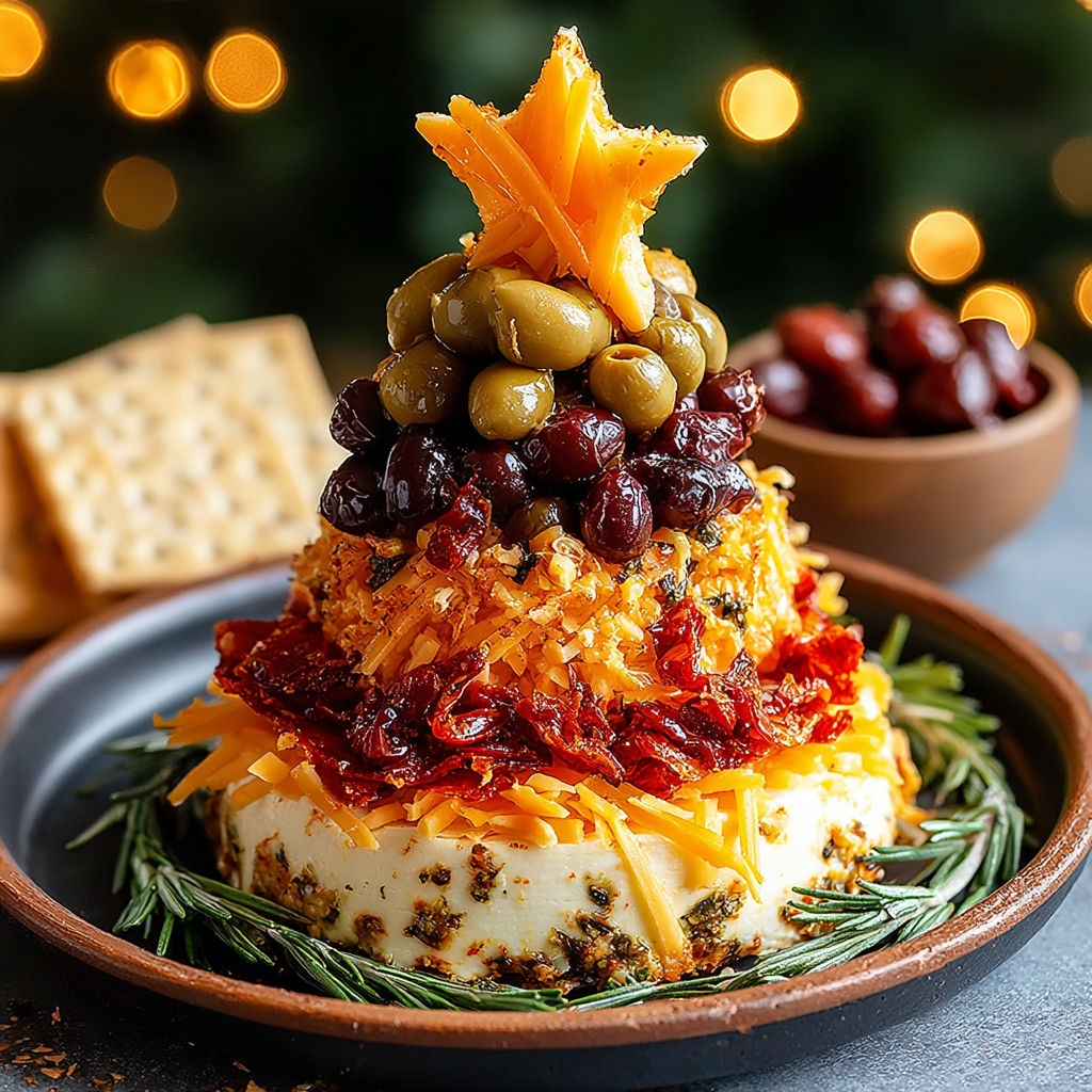 A cheese ball is decorated with grapes and olives to resemble a Christmas tree.