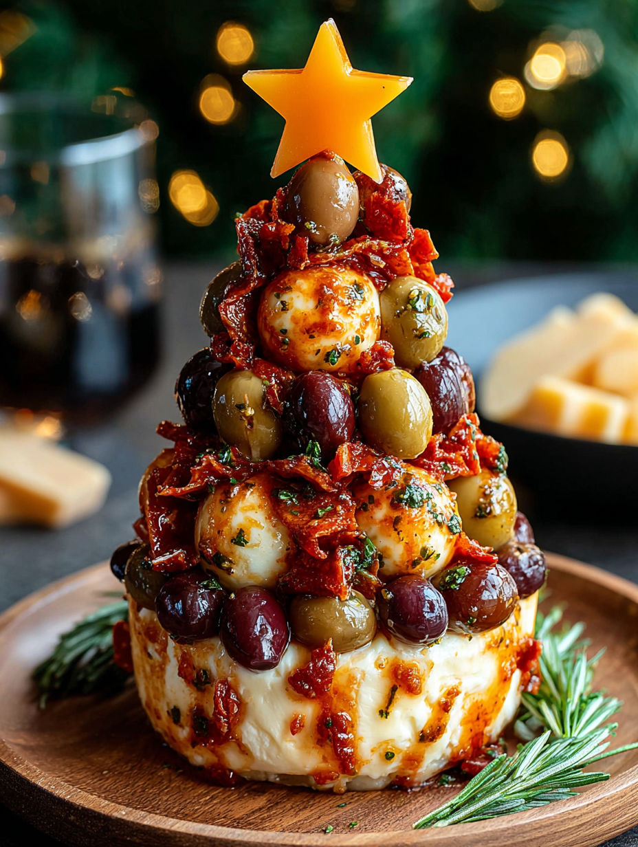 A Christmas tree made of cheese and olives.